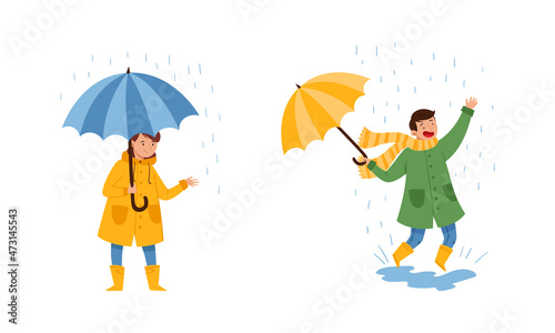 Children walking with umbrellas on rainy windy day. Boy and girl in casual autumn outfit holding umbrella cartoon vector illustration