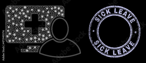 Constellation polygonal net computer patient icon with glitter effect on a black background with round Sick Leave unclean seal. Vector constellation is based on computer patient pictogram,