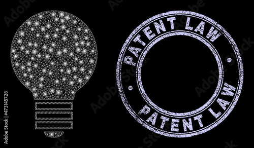Majestic polygonal mesh web electric bulb icon with glitter effect on a black background with round Patent Law grunge badge. Vector carcass created from electric bulb icon,