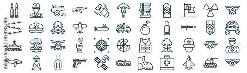 military thin line icon set such as pack of simple torpedo, airplane, helicopter, tower, battleship, gas mask, nuclear icons for report, presentation, diagram, web design