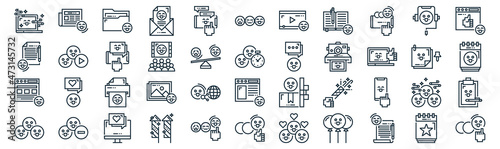happiness thin line icon set such as pack of simple smartphone, cinema, printer, minus, website, message, headphones icons for report, presentation, diagram, web design