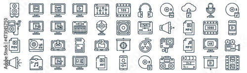 audio and video thin line icon set such as pack of simple mixer, keyboard, download, album, mov, crop, microphone icons for report, presentation, diagram, web design