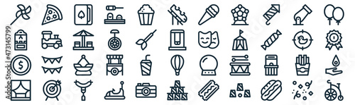 fair thin line icon set such as pack of simple pop corn, monocycle, fair, dart, coin, cups, canon icons for report, presentation, diagram, web design