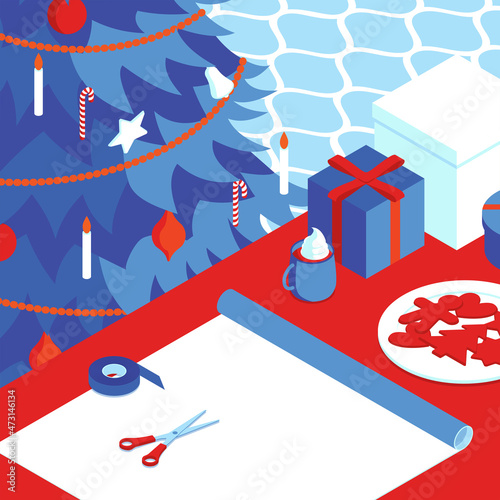 Colorful isometric Christmas illustration - gift wrapping, christmas decorations. Vector illustration in flat design. Holiday season picture in red, blue and white.

