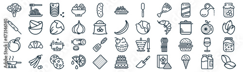 gastronomy collection thin line icon set such as pack of simple cucumber, garlic, stew, peas, peach, hazelnut, oil icons for report, presentation, diagram, web design