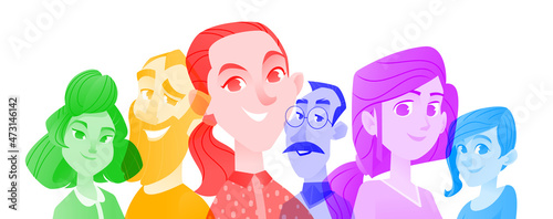 Illustration Workgroup multicolor character portraits. Image persons in style duotone. Colorful isolated of men and women.