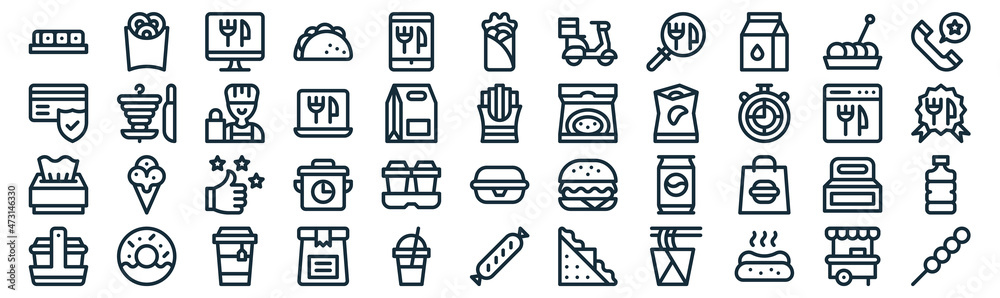 take away thin line icon set such as pack of simple online, online, review, doughnut, tissue, operator, takoyaki icons for report, presentation, diagram, web design