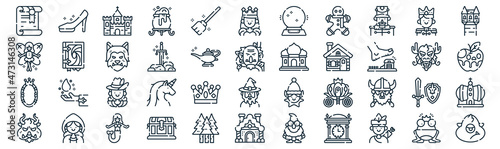 fairytale thin line icon set such as pack of simple broom, excalibur, musketeer, little red riding hood, magic mirror, wolf, king icons for report, presentation, diagram, web design