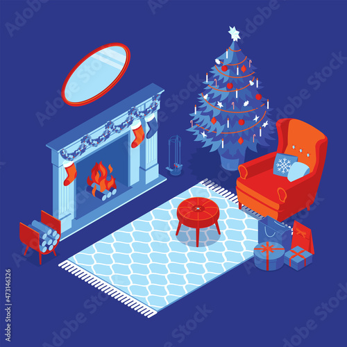 Colorful isometric Christmas illustration showing an interior with furniture, fireplace and Christmas decorations. Vector illustration in flat design. Holiday season picture in red, blue and white.

