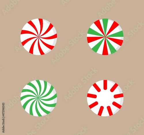 Christmas round candy set. Striped mint candies without wrapper. Traditional holiday dessert. Delicious table decoration. Lollipops Christmas spiral with peppermint. Vector