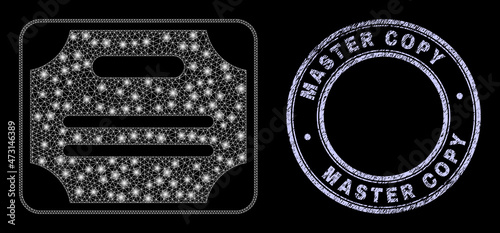 Glitter mesh net certificate diploma icon with glare effect on a black background with round Master Copy scratched badge. Vector frame is generated from certificate diploma icon, white mesh used.