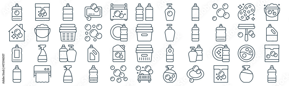 housekeeping thin line icon set such as pack of simple cleaning, bubbles, bottles, paper towel, cleaner, laundry basket, sponge icons for report, presentation, diagram, web design - obrazy, fototapety, plakaty 
