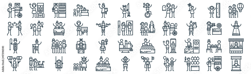 amusement park thin line icon set such as pack of simple stuffed animal, operator, queue, theme park, tamer, amusement park, height icons for report, presentation, diagram, web design