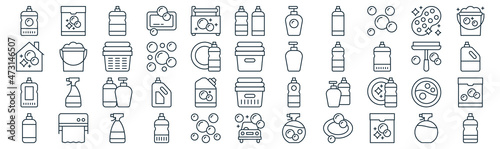 housekeeping thin line icon set such as pack of simple cleaning, bubbles, bottles, paper towel, cleaner, laundry basket, sponge icons for report, presentation, diagram, web design