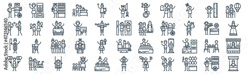 amusement park thin line icon set such as pack of simple stuffed animal, operator, queue, theme park, tamer, amusement park, height icons for report, presentation, diagram, web design