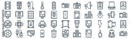 photography thin line icon set such as pack of simple battery, photo, frame, cable, no photo, grid, photo icons for report, presentation, diagram, web design