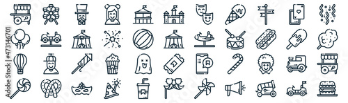 fair thin line icon set such as pack of simple counter, fireworks, fireworks, pretzel, hot air balloon, tent, cards icons for report, presentation, diagram, web design