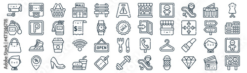 mall thin line icon set such as pack of simple bench, bill, coffee cup, pin, shopping bag, extinguisher, mall icons for report, presentation, diagram, web design