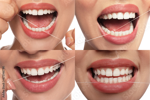 Collage with photos of woman using dental floss on white background, closeup. Step by step instructions