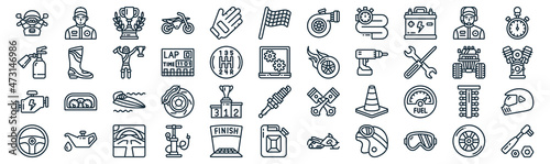 motor sports thin line icon set such as pack of simple glove, lap, speedboat, oil, engine, winner, crew icons for report, presentation, diagram, web design