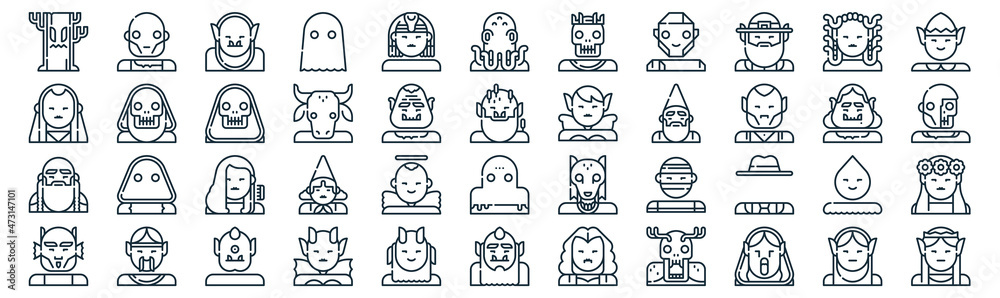 fantastic characters thin line icon set such as pack of simple sphinx, minotaur, lamia, genie, dwarf, death, gorgon icons for report, presentation, diagram, web design - obrazy, fototapety, plakaty 