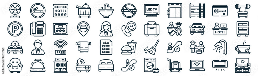 hotel thin line icon set such as pack of simple sink, location, wifi, bell, two beds, certificate, card key icons for report, presentation, diagram, web design hotel thin line icon set such as pack of simple sink, location, wifi, bell, two beds, certificate, card key icons for report, presentation, diagram, web design