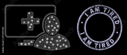 Shiny web computer patient icon with glitter effect on a black background with round I Am Tired scratched stamp seal. Vector grid is generated from computer patient icon, white mesh network is used.