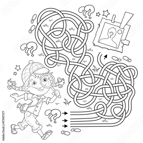 Maze or Labyrinth Game. Puzzle. Tangled road. Coloring Page Outline Of cartoon girl detective with loupe. Young Sherlock Holmes. Coloring book for kids.