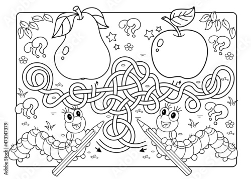 Maze or Labyrinth Game. Puzzle. Tangled road. Coloring Page Outline Of cartoon fun caterpillars with pear and apple. Coloring book for kids.