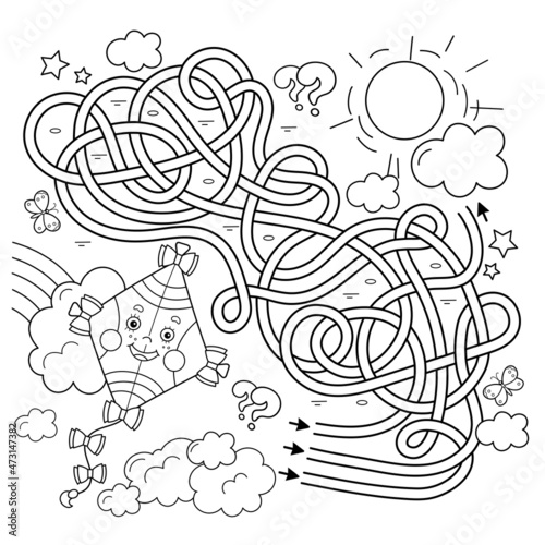 Maze or Labyrinth Game. Puzzle. Tangled road. Coloring Page Outline Of cartoon cheerful fly kite high in the sky. Coloring book for kids.