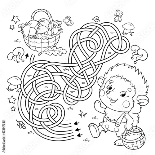 Maze or Labyrinth Game. Puzzle. Tangled road. Coloring Page Outline Of cartoon little hedgehog with basket of mushrooms. Coloring book for kids.