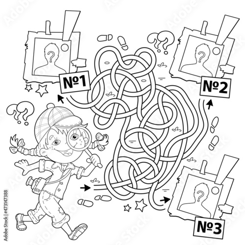 Maze or Labyrinth Game. Puzzle. Tangled road. Coloring Page Outline Of cartoon girl detective with loupe. Young Sherlock Holmes. Coloring book for kids.
