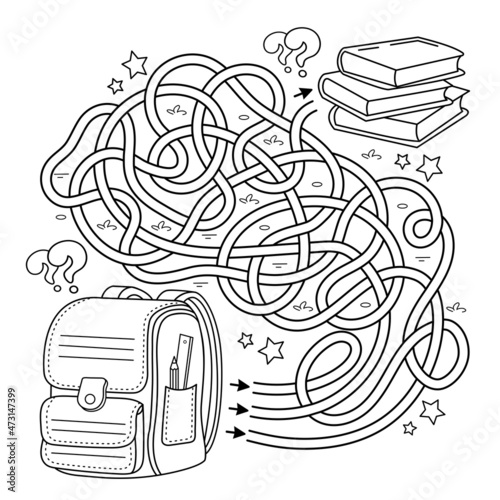 Maze or Labyrinth Game. Puzzle. Tangled road. Coloring Page Outline Of cartoon children satchel or knapsack with books or textbooks. School supplies. Coloring book for kids.