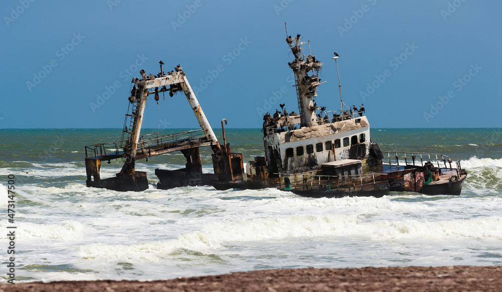 Sunken ship Ziela. Skeleton Coast, Henties Bay, Africa, Namibia. 