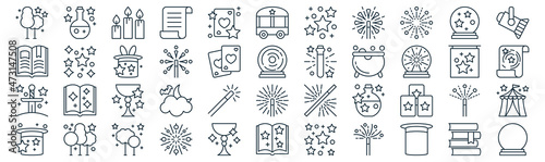 magic thin line icon set such as pack of simple cards, magic wand, potion, forest, excalibur, magic hat, crystal ball icons for report, presentation, diagram, web design