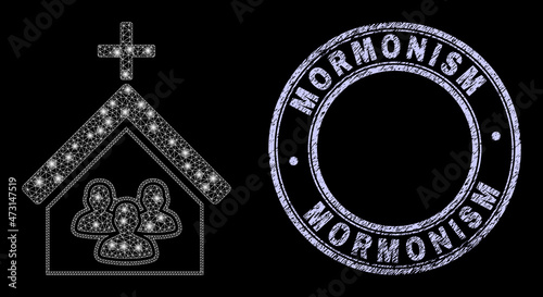 Glitter polygonal net church people icon with glitter effect on a black background with round Mormonism corroded watermark. Vector model is generated from church people icon,
