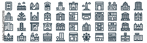 urban building thin line icon set such as pack of simple town hall, kiosk, under construction, school, hospital, mosque, supermarket icons for report, presentation, diagram, web design