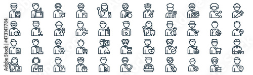 man worker avatar thin line icon set such as pack of simple doctor, translator, technician, lawyer, analyst, engineer, community manager icons for report, presentation, diagram, web design