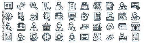 business thin line icon set such as pack of simple money bag, smartphone, structure, male, money bag, promoted, speech icons for report, presentation, diagram, web design