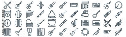 music instruments thin line icon set such as pack of simple kazoo, flute, grand piano, balalaika, handpan, chimes, lute icons for report, presentation, diagram, web design photo