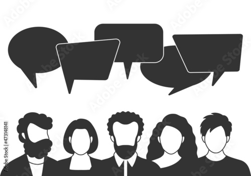 People avatars with speech bubbles. Men and woman communication, talking llustration. Coworkers, team, thinking, question, idea, brainstorm concept.
