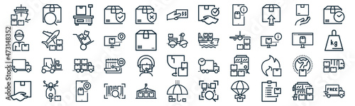 delivery cargo thin line icon set such as pack of simple fragile, tracking, truck, delivery courier, delivery truck, hand truck, fragile icons for report, presentation, diagram, web design