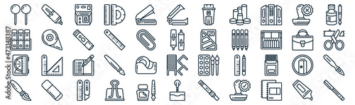 stationery thin line icon set such as pack of simple stapler, ruler, notebook, eraser, ruler, glue, stamp icons for report, presentation, diagram, web design photo