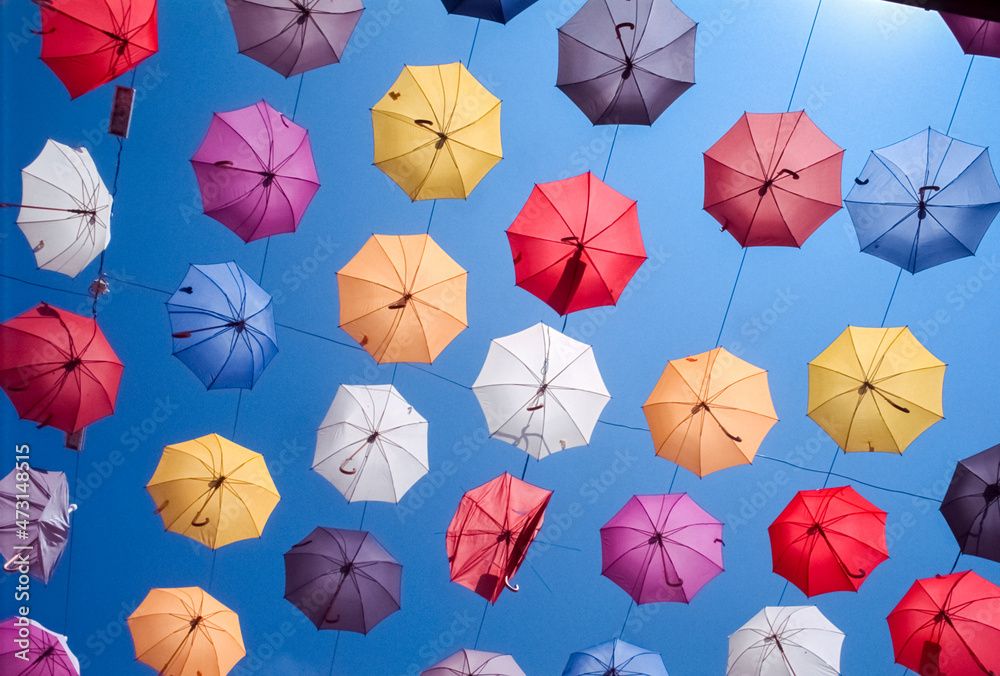 Colorful umbrellas against blue sky, Turkey