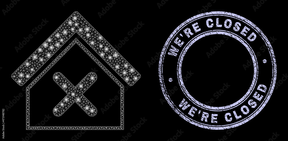 Glare web closed house icon with glare effect on a black background with round We'Re Closed grunge stamp seal. Vector carcass is based on closed house pictogram, white mesh network used.