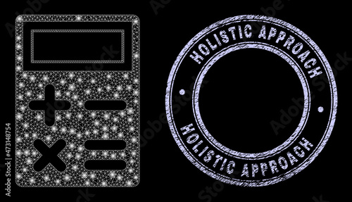 Light polygonal mesh net calculator icon with glitter effect on a black background with round Holistic Approach grunge stamp seal. Vector constellation based on calculator icon, white mesh is used.