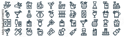 cocktails thin line icon set such as pack of simple martini, bar, cocktail, shaker, menu, rum, gin tonic icons for report, presentation, diagram, web design
