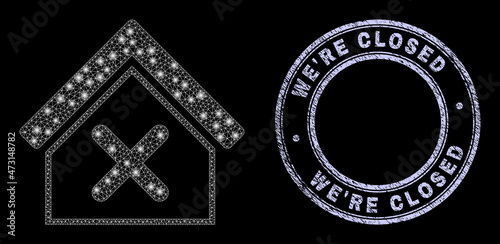 Glare web closed house icon with glare effect on a black background with round We'Re Closed grunge stamp seal. Vector carcass is based on closed house pictogram, white mesh network used.