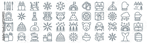 arctic thin line icon set such as pack of simple snowflake, backpack, research, seal, fish, torch, mitten icons for report, presentation, diagram, web design