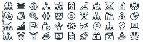 teamwork thin line icon set such as pack of simple chat, network, tick, medal, analytic, cogwheel, paper icons for report, presentation, diagram, web design